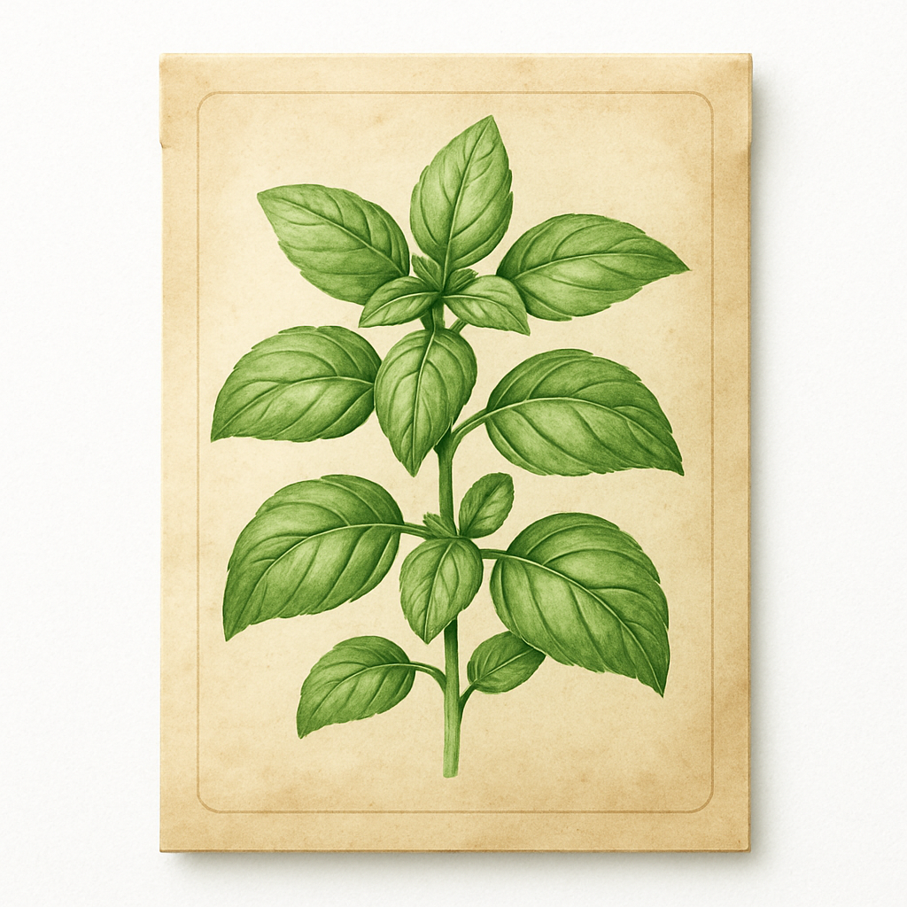 Seed packet with hand-painted basil illustration