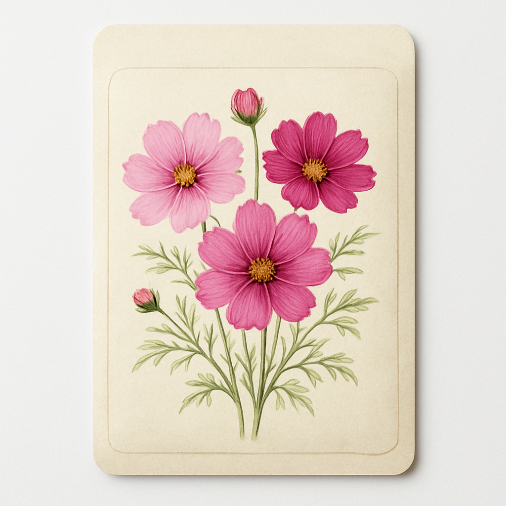 Seed packet with hand-painted pink cosmos illustration