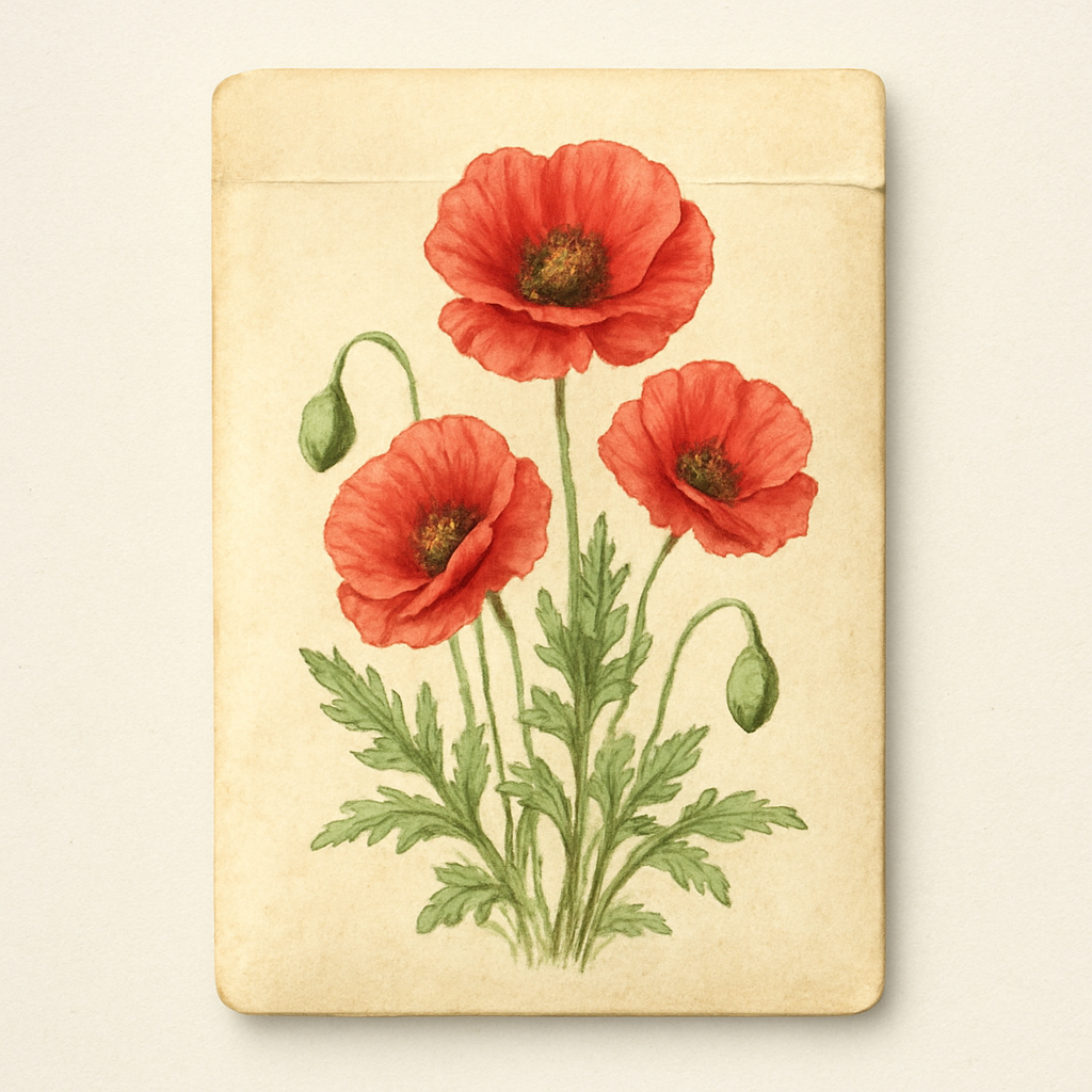 Seed packet with hand-painted red corn poppy illustration