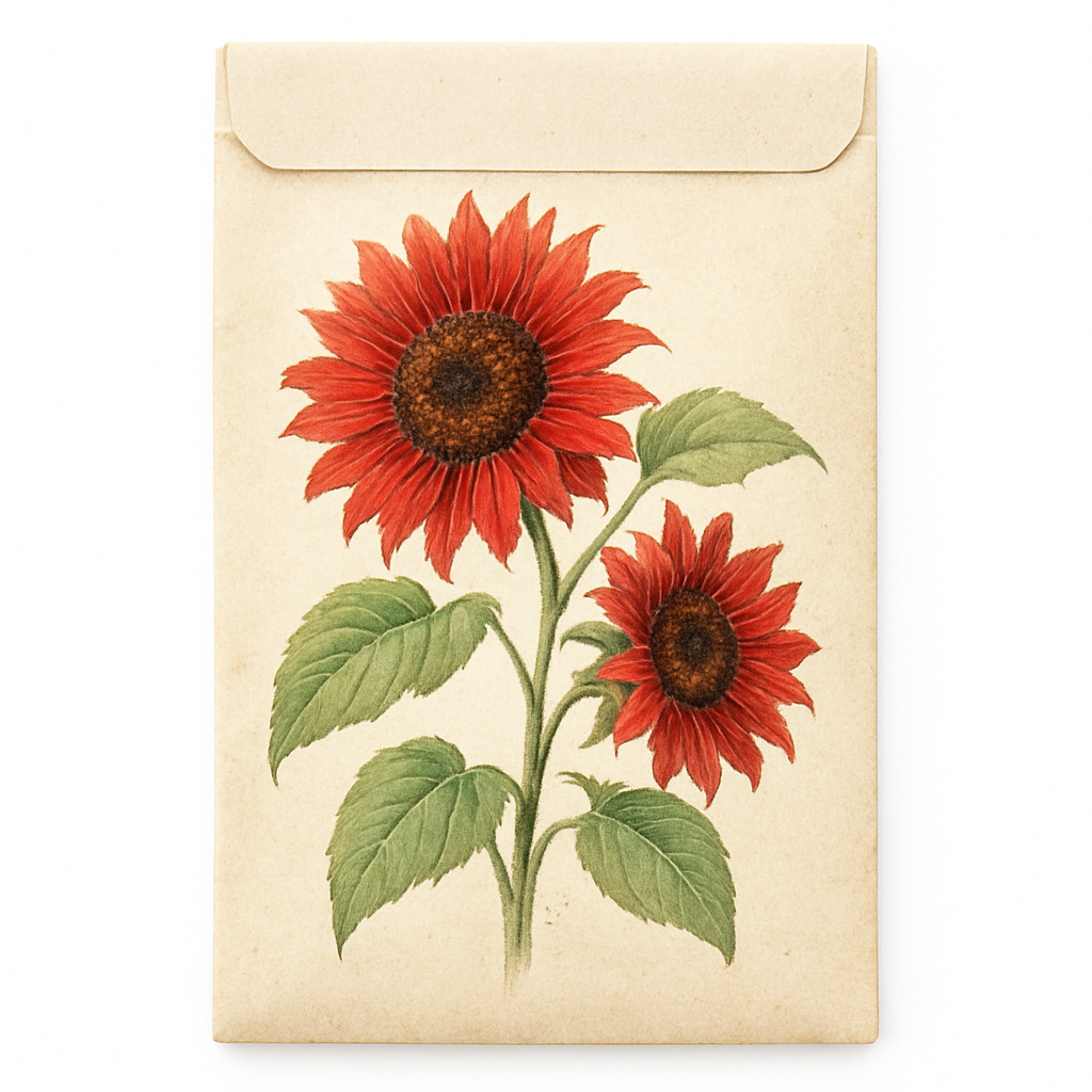 Seed packet with hand-painted red sunflower illustration